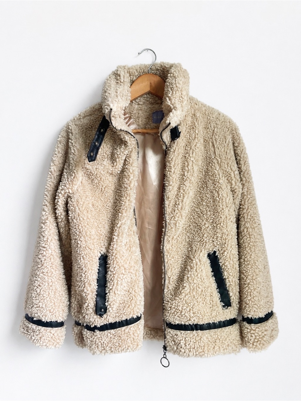 Madden Girl Teddy Sherpa Coat with Faux Leather Moto Trim